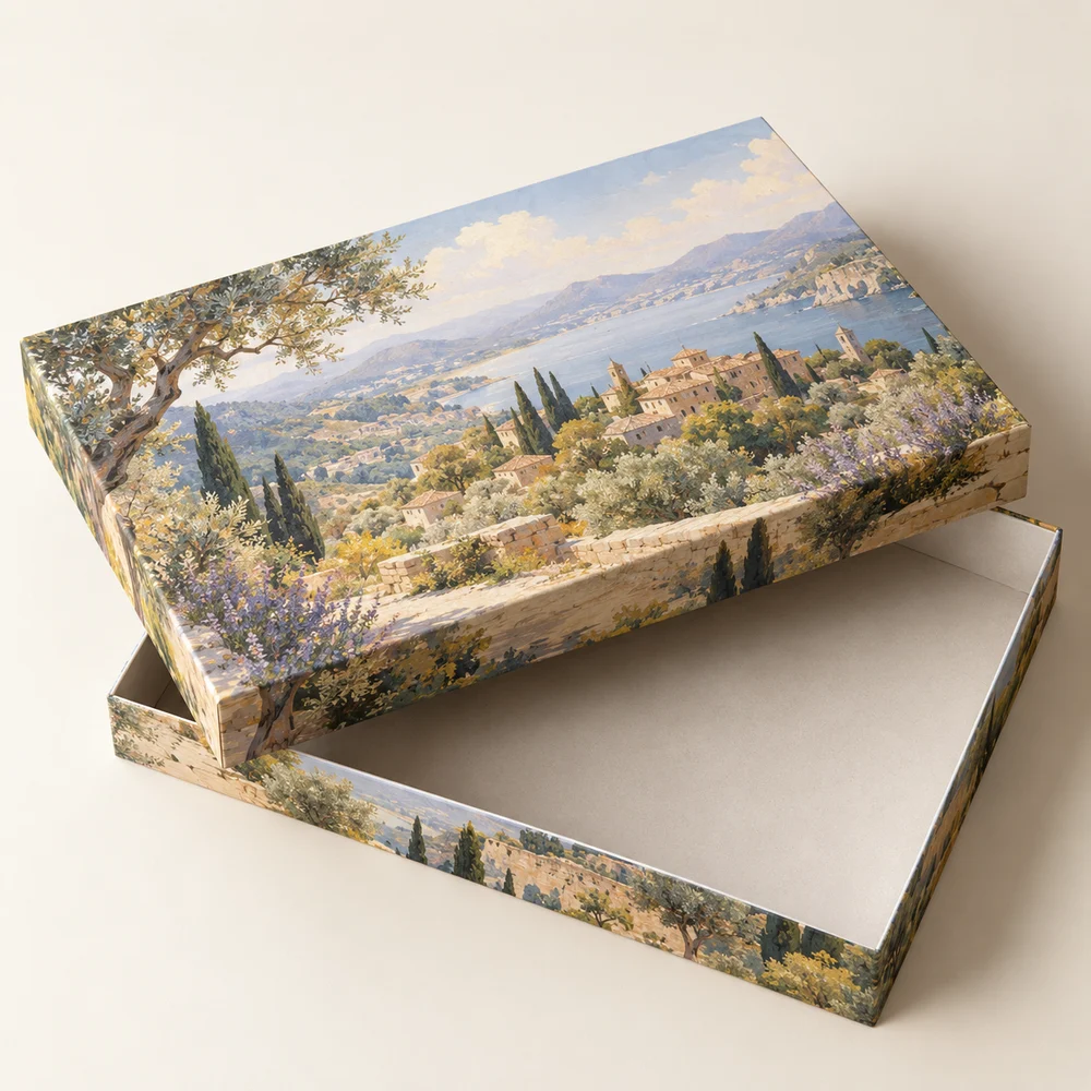 Boîte de puzzle rigide · 320 × 220 mm — exemple de personnalisation, visualisation