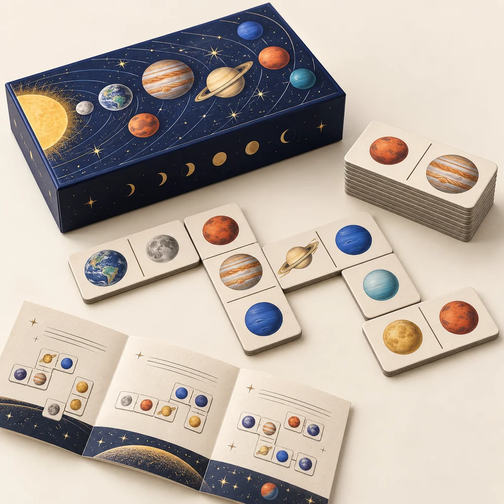 Dominos de l’espace · 28 pièces — exemple de personnalisation, visualisation
